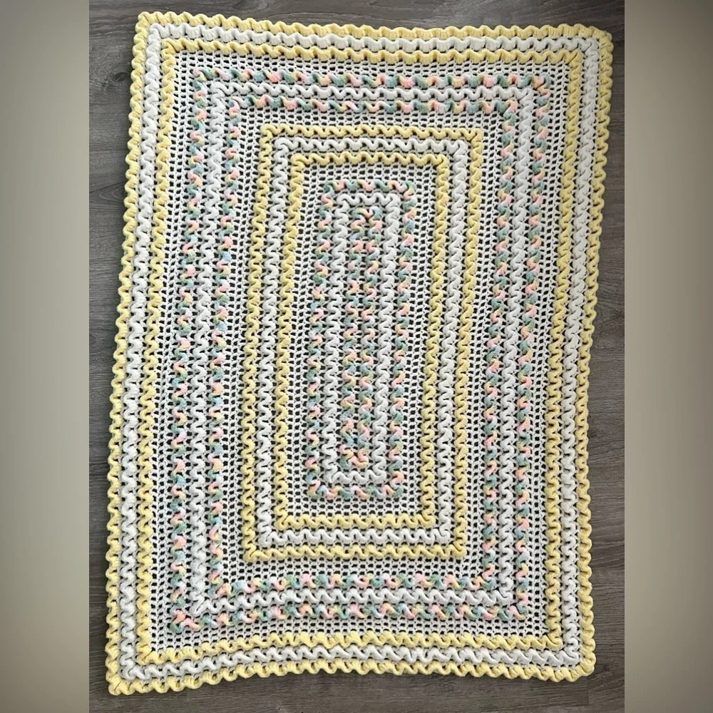 Crocheted Baby Afghan Blanket throw pastel yellow white 52” x 38”